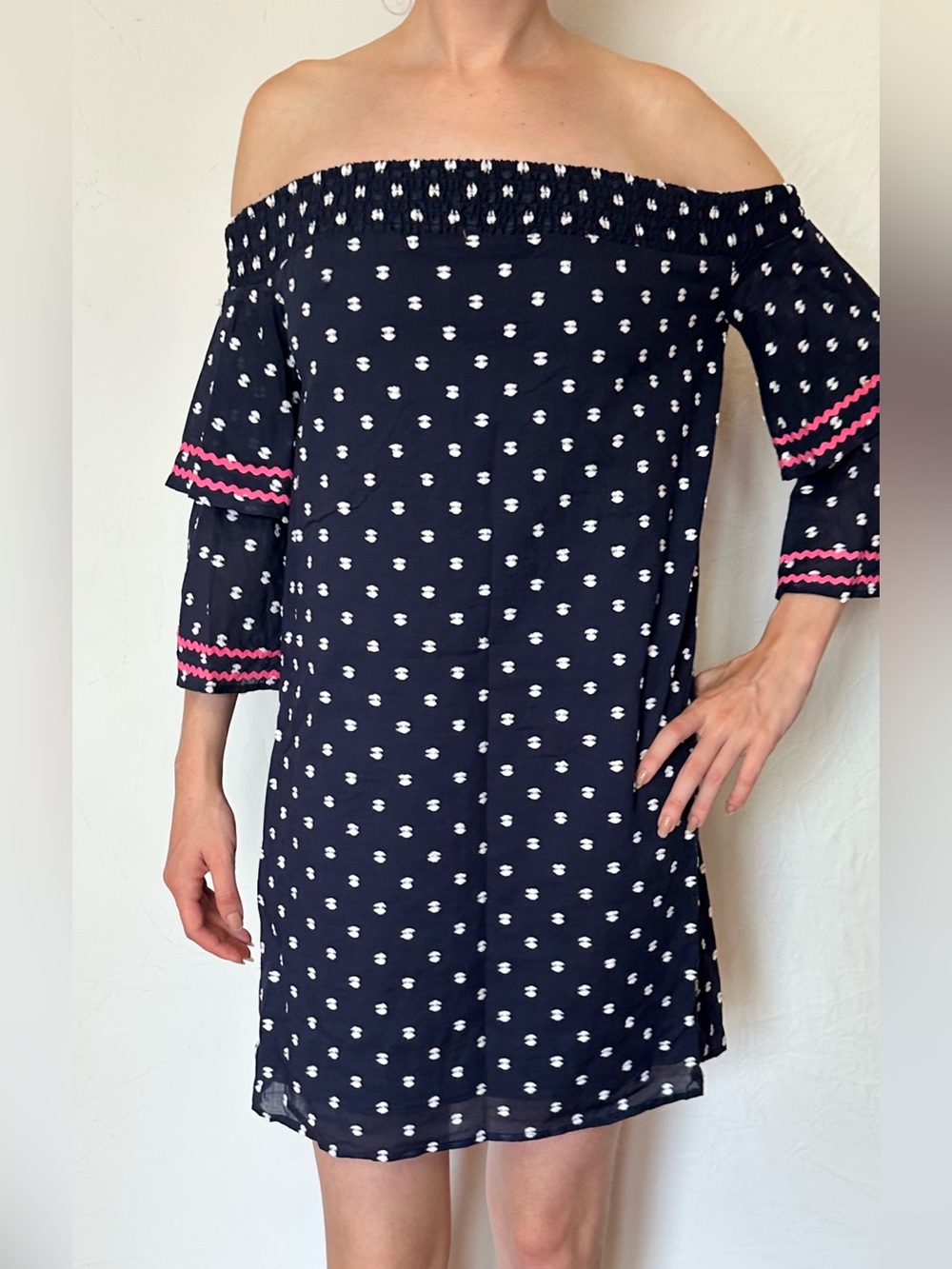 Navy One-Shoulder Polka Dot Dress with Pink Trim